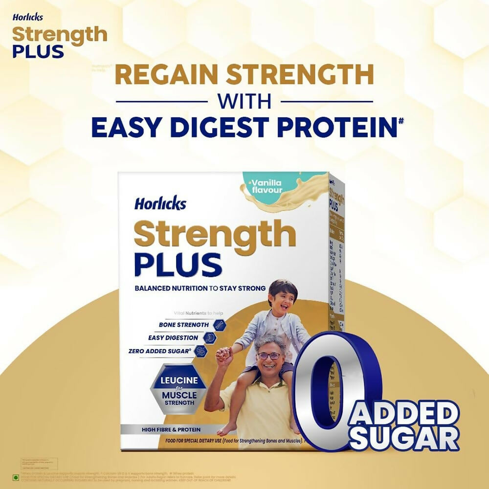 Horlicks Strength Plus vanilla flavored health drink powder in a jar with a scoop and glass of prepared drink.