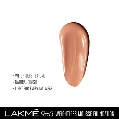 Lakme 9 To 5 Powerplay Mousse Foundation in Rose Honey with smooth, creamy texture and natural finish on skin.