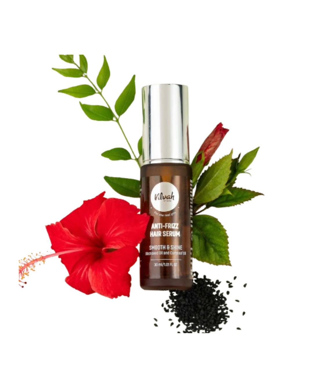 Vilvah Store Anti-Frizz Hair Serum bottle with dropper, smooth and shiny hair care product for frizz control.