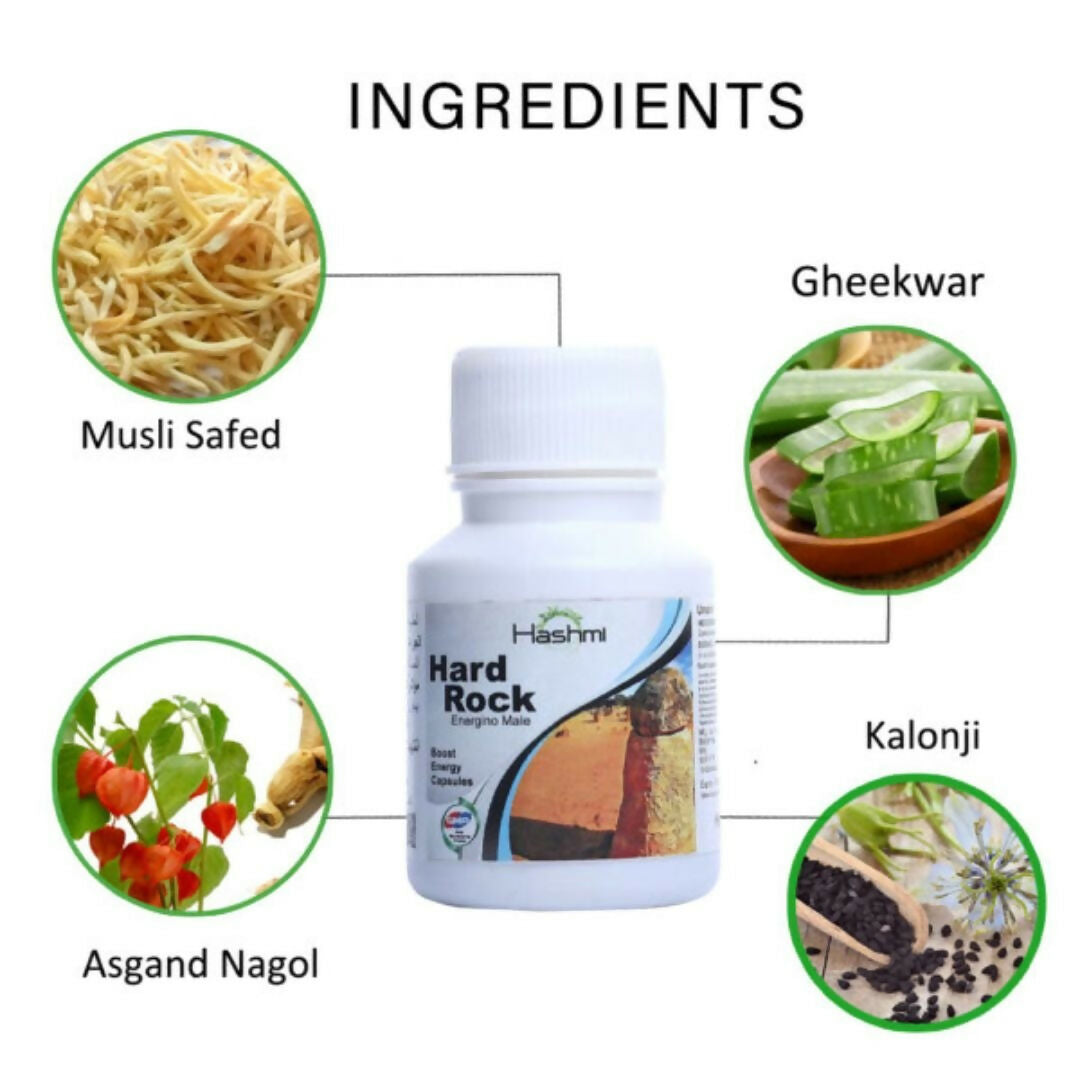 Hashmi Hard Rock Capsules, Unani supplement with natural ingredients like Ashwagandha, Safed Musli, and Gokshur in capsule form.