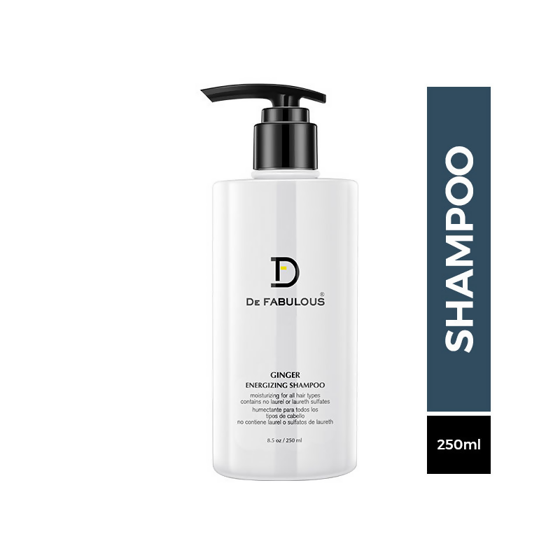 De Fabulous Ginger Energizing Shampoo bottle with label, showcasing natural ingredients and revitalizing hair care formula.