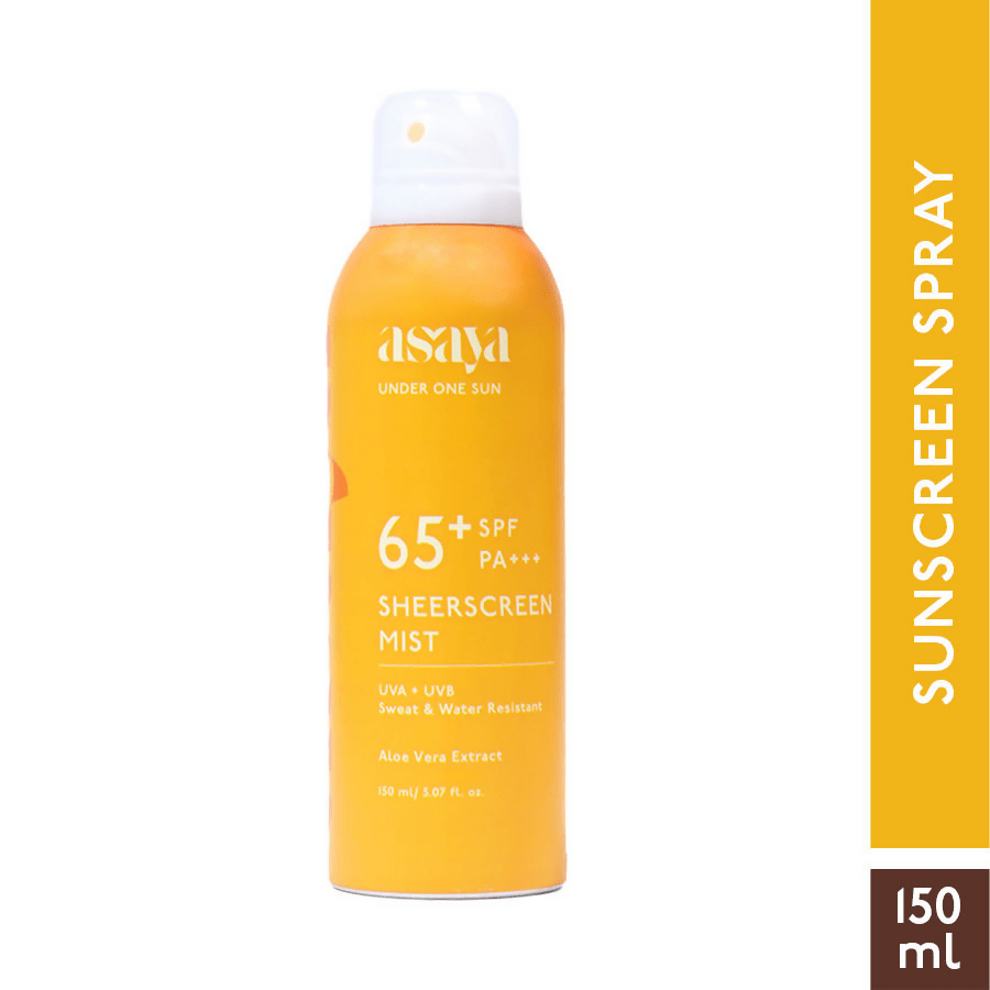 Asaya Broad Spectrum SPF 50+ waterproof sunscreen spray for face and body, showing the spray bottle with label and packaging