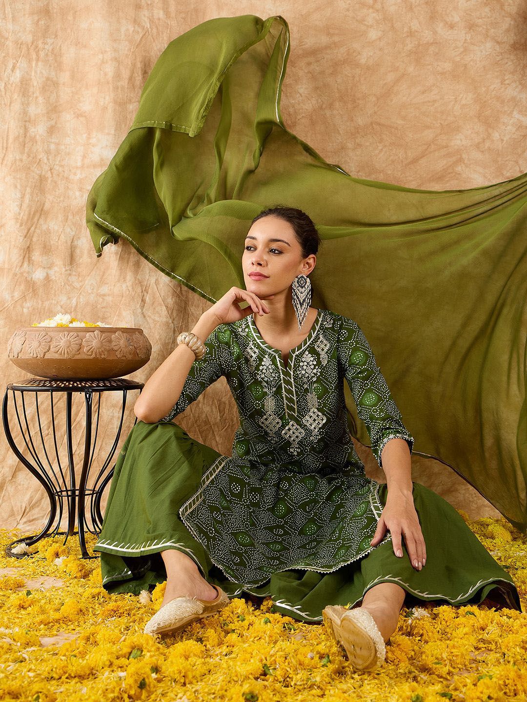 Ethnic Motifs Printed Straight Gotta Patti Kurta with Sharara & Dupatta