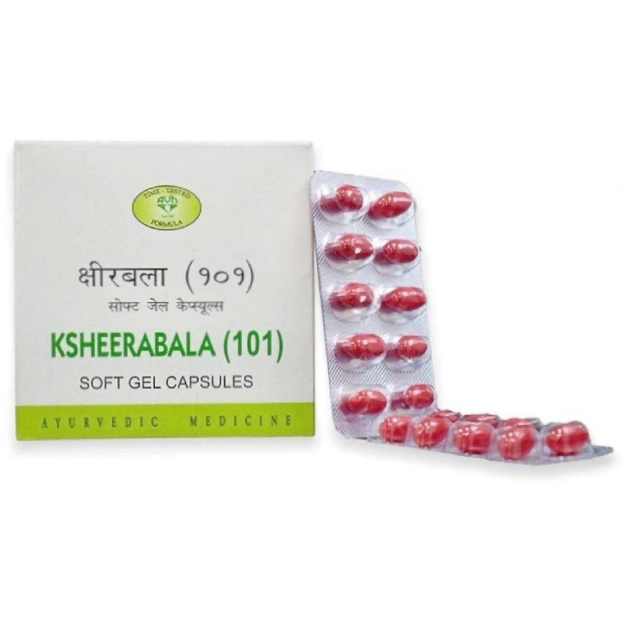 AVN Ksheerabala 101 Ayurvedic soft gel capsules in a bottle, highlighting the herbal supplement's packaging and capsules.
