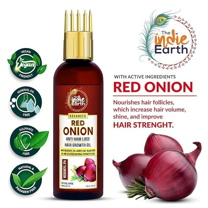 The Indie Earth Advanced 3% Redensyl Red Onion Hair Growth Oil bottle with dropper for hair loss prevention and natural hair growth