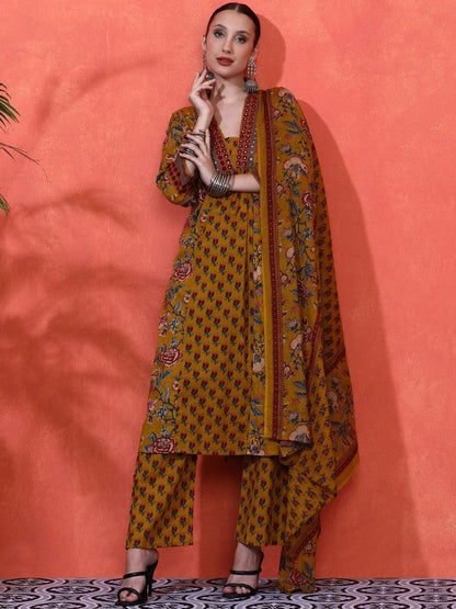 Dhiyona SN Women's Floral Embroidered A-Line Pure Cotton Kurta With Trousers & Dupatta