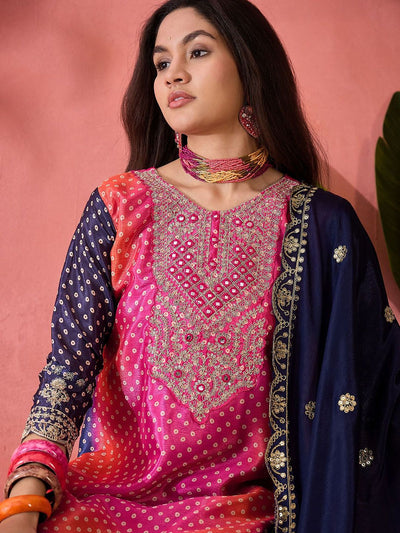 Indyancart SN Women's Bandhani Printed with Embroidered Kurta With Trousers & Dupatta