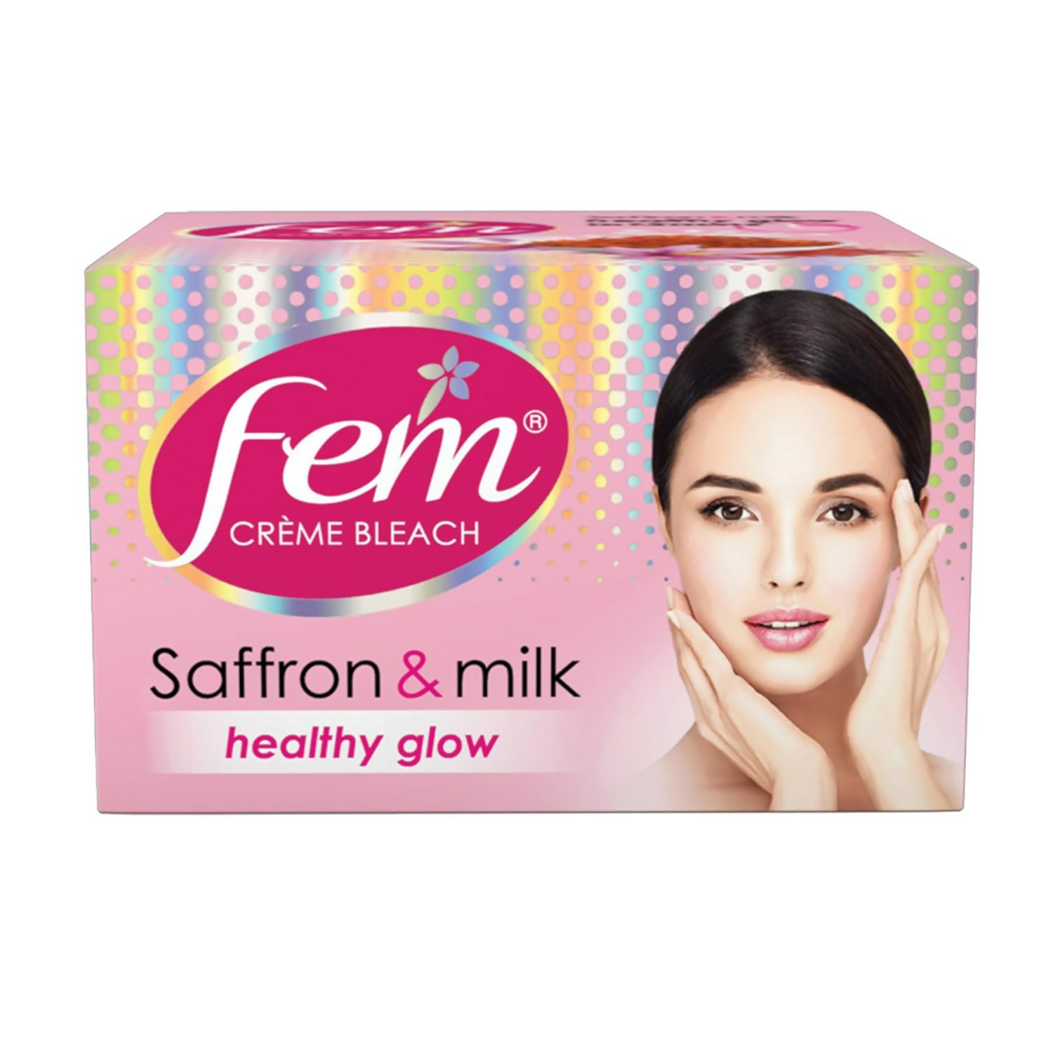 Fem Fairness Saffron and Milk Creme Bleach for face, showing a jar of cream with saffron strands and milk ingredients.