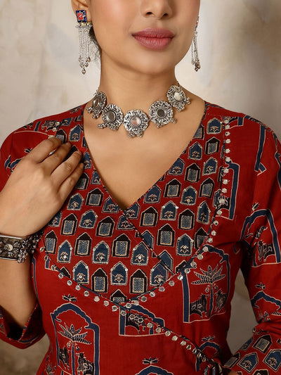 Indyancart SN Women's Printed Pure Cotton Flared V-Neck Anarkali Kurta & Palazzo With Dupatta