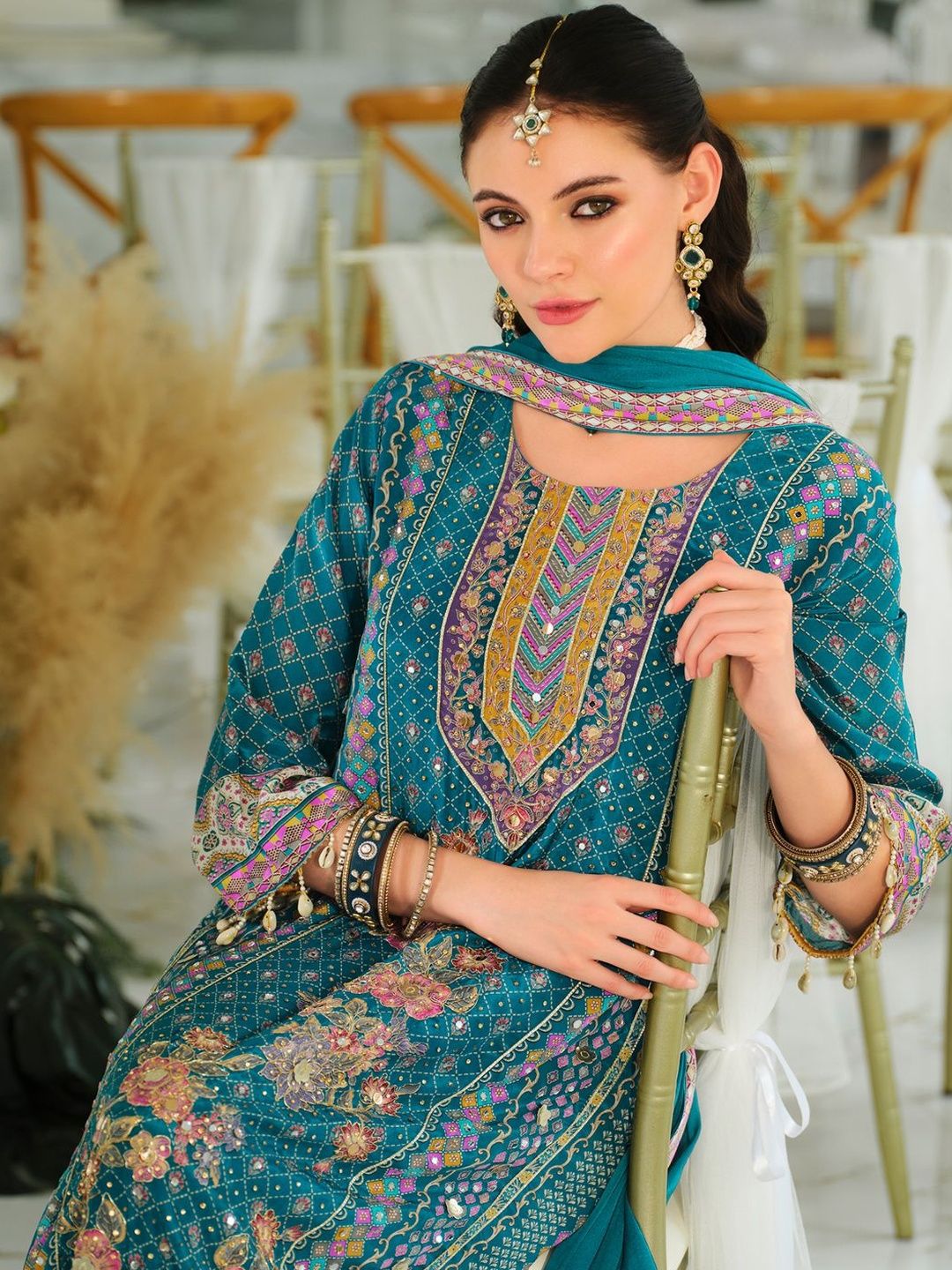 Ethnic Motifs Printed Mirror Work Pure Silk A-Line Kurta & Palazzos With Dupatta