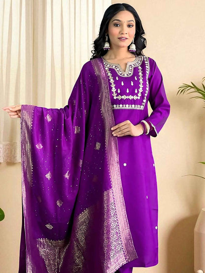 Indyancart SN Women's Embroidered Pure Cotton Kurta & Trousers With Dupatta
