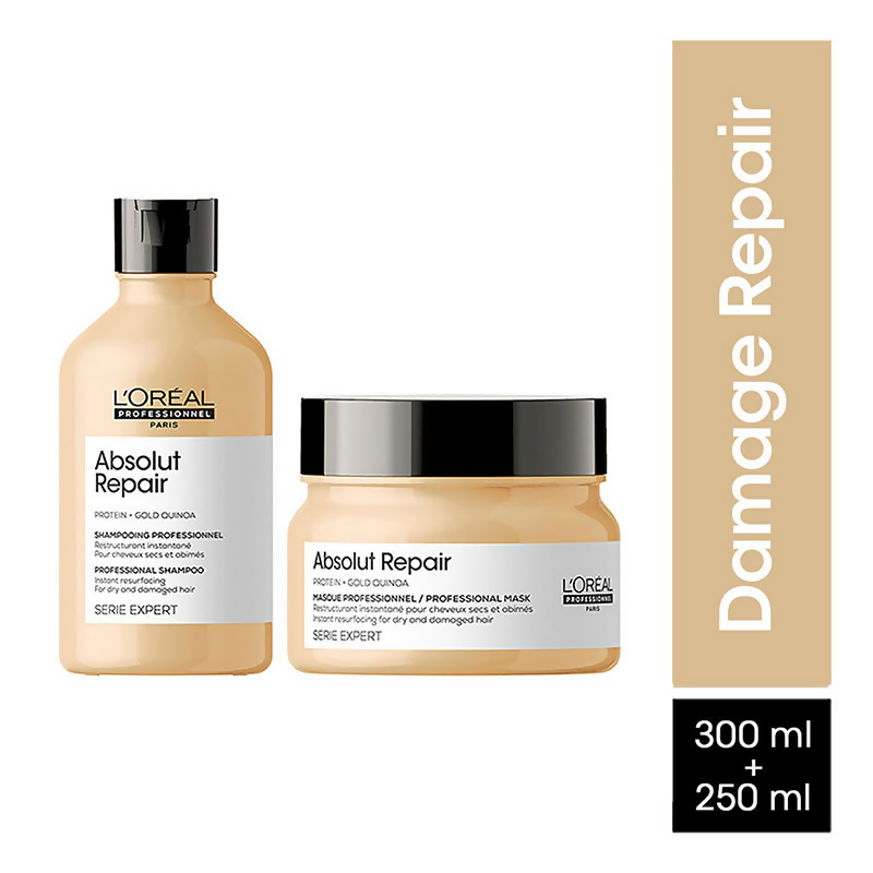L'Oreal Paris Serie Expert Absolut Repair shampoo and hair mask combo, showcasing the nourishing hair care products with sleek packaging.