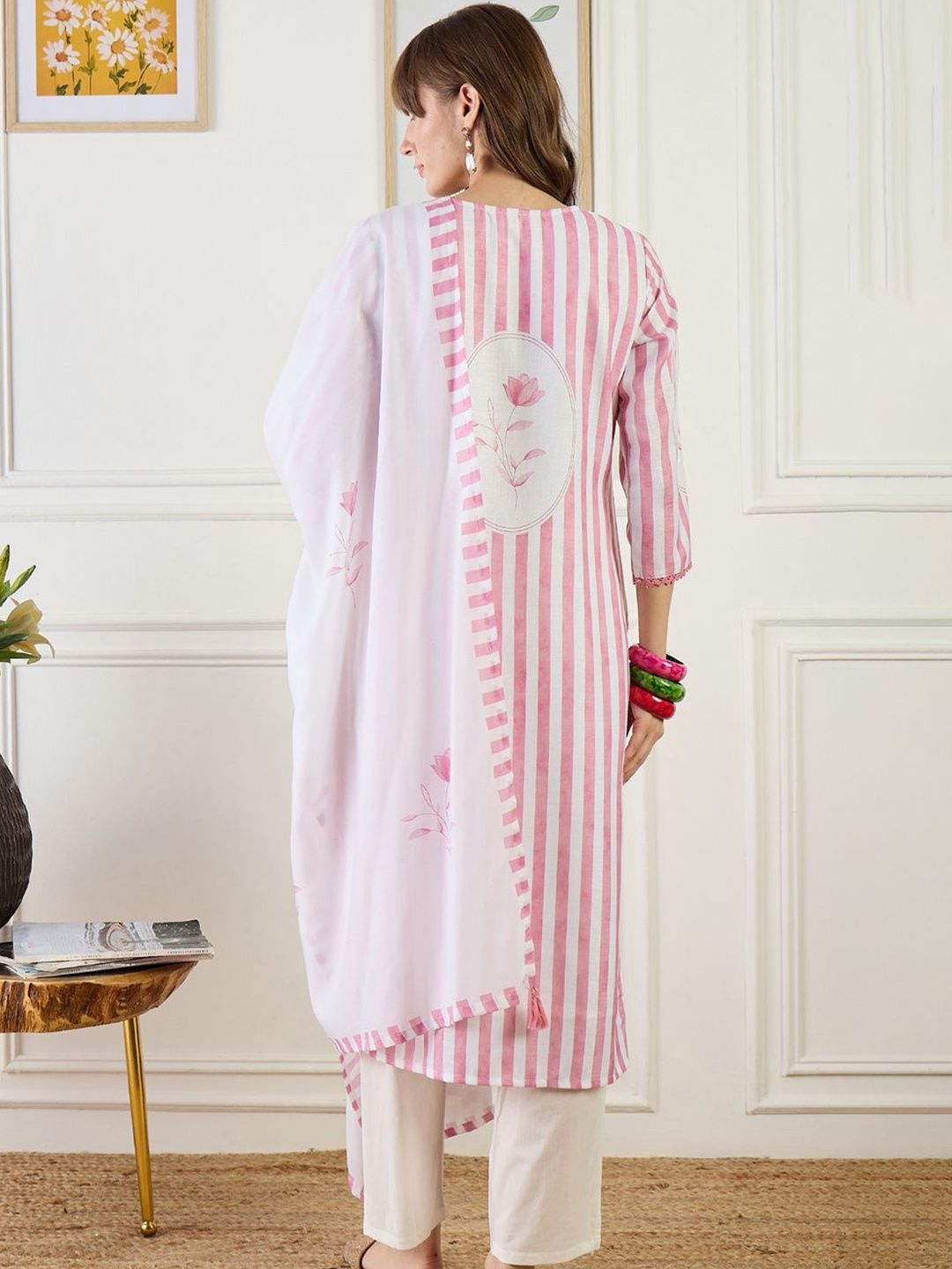 Women Striped Regular Linen Kurta with Trousers & With Dupatta