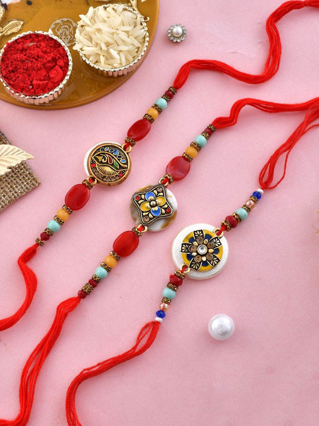 Anouk Set Of 3 Red Beaded Rakhi With Roli Rice & Greeting Card