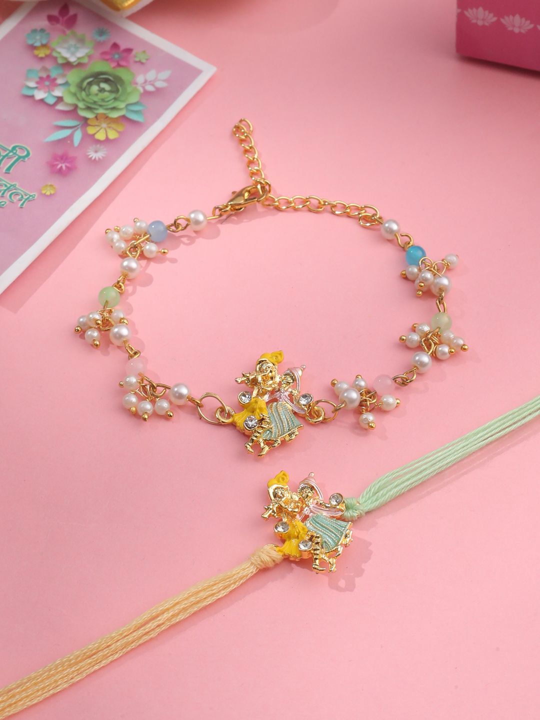 Anouk Unisex Set Of 2 Multicolor Gold-Toned Radha Krishna Beaded Bhaiya Bhabhi Rakhi
