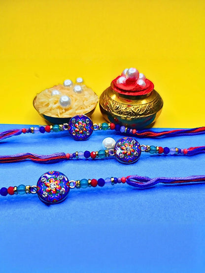 Anouk Set Of 3 Beaded Cotton Thread with AD Stones & Meenakari Designer Rakhi for Brother
