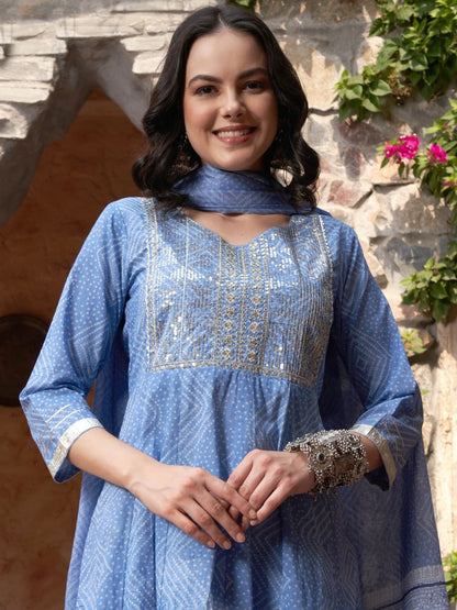 Indyancart SN Women's Blue Bandhani Printed V Neck Pure Cotton Anarkali Kurta With Trouser And Dupatta