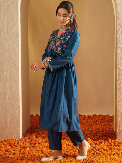 Indyancart IE Floral Embroidered Three-Quarter Sleeves Liva Tunic With Trouser