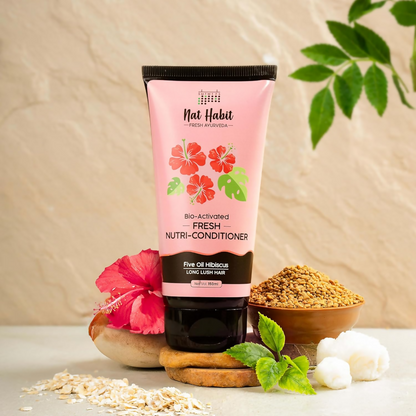 Nat Habit Five Oil Hibiscus Nutri-Conditioner bottle with a colorful label, designed for nourishing and conditioning hair.
