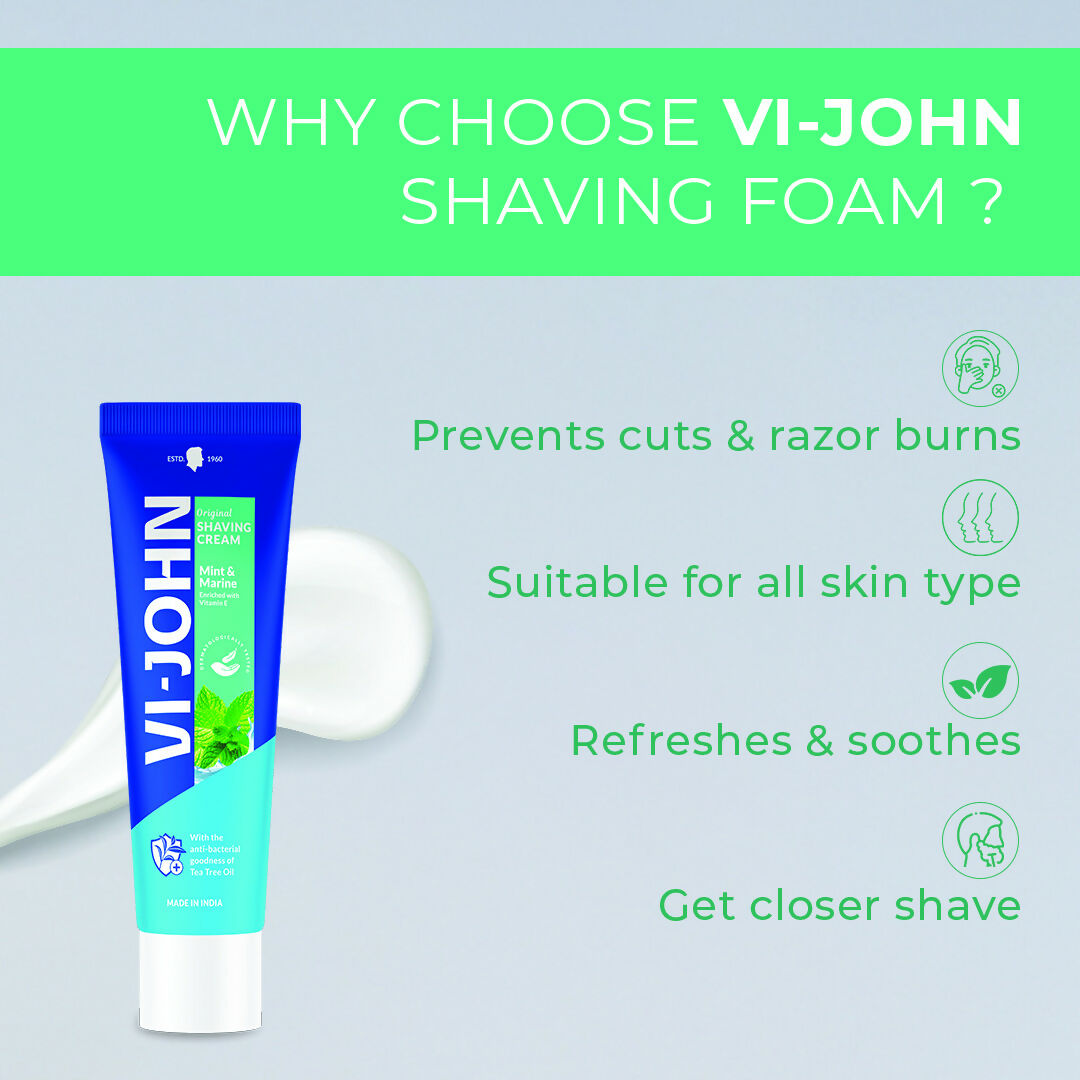 VI-JOHN vitamin E enriched anti-bacterial mint and marine shaving cream in a tube, designed for a smooth shave.