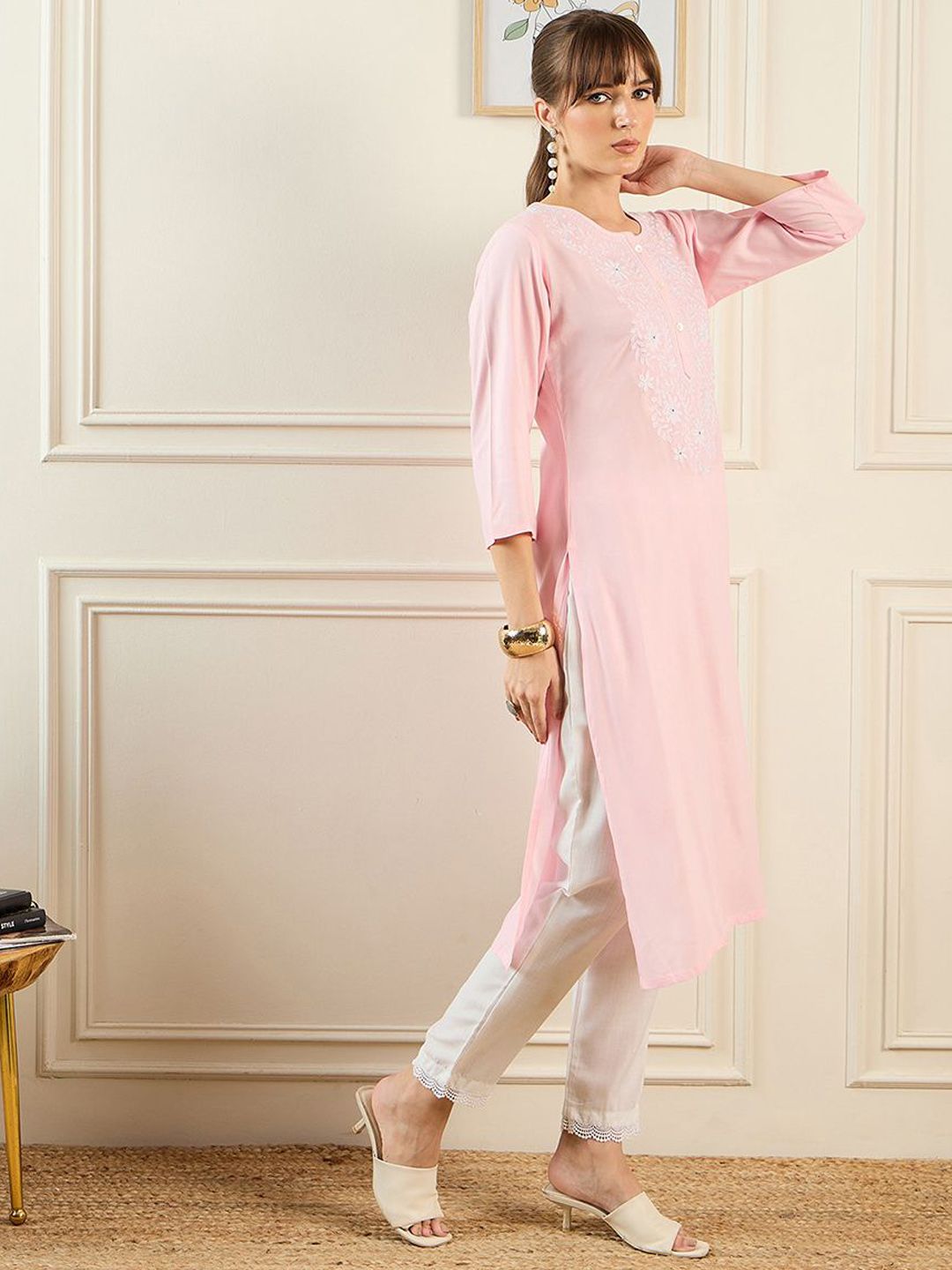 Indyancart IE Floral Yoke Design Round Neck Thread Work Straight Kurta