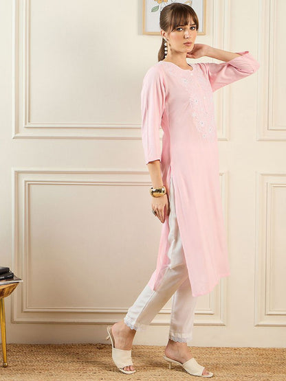Indyancart IE Floral Yoke Design Round Neck Thread Work Straight Kurta