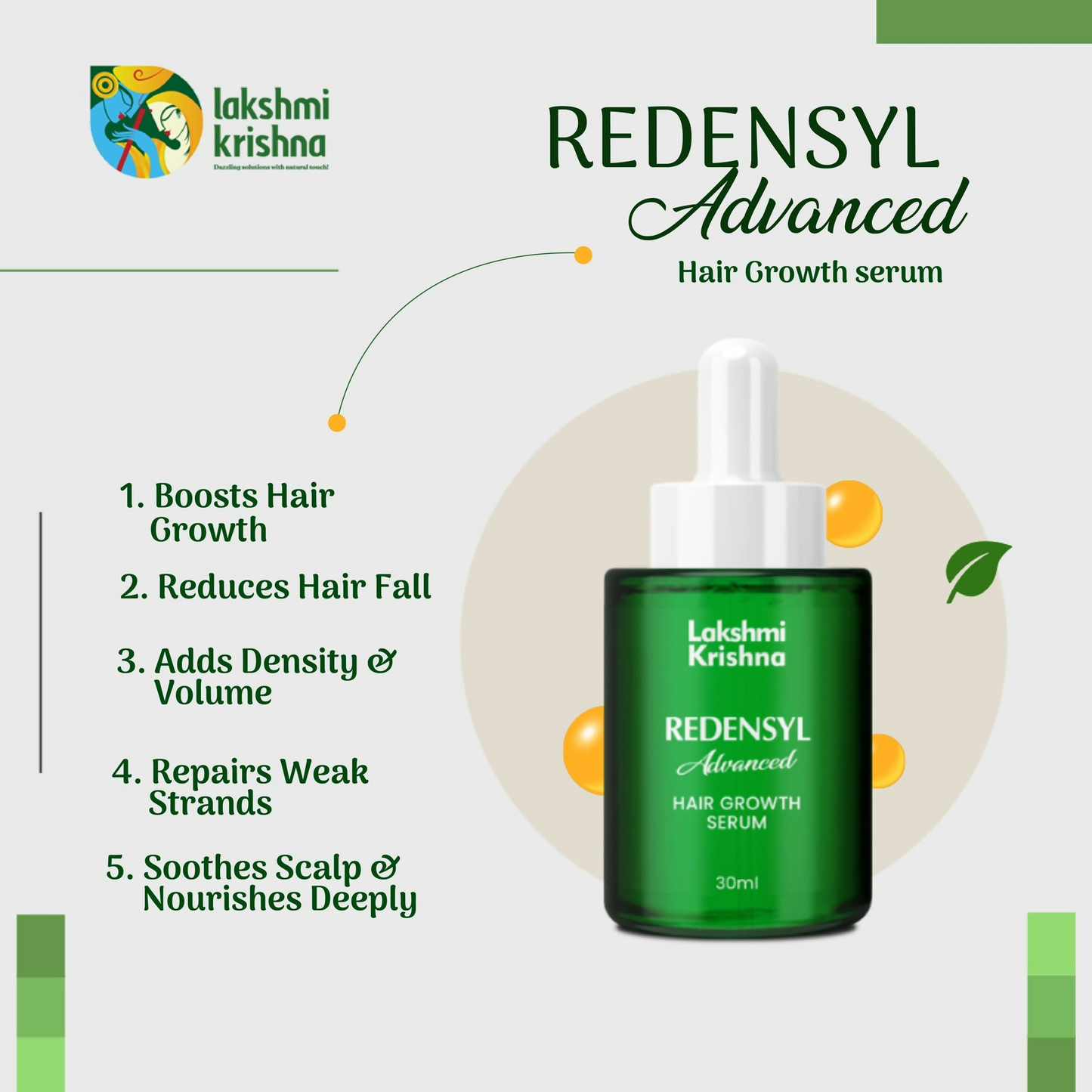 Lakshmi Krishna Naturals Redensyl hair growth serum bottle with dropper, designed for nourishing and promoting hair health.
