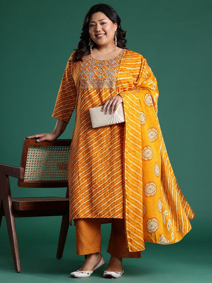 Indyancart Women's Plus Size Leheriya Print Kurta with Palazzos & Dupatta