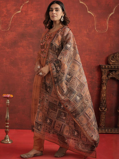 Ethnic Motifs Chanderi Cotton Round Neck Straight Kurta With Trousers & Dupatta