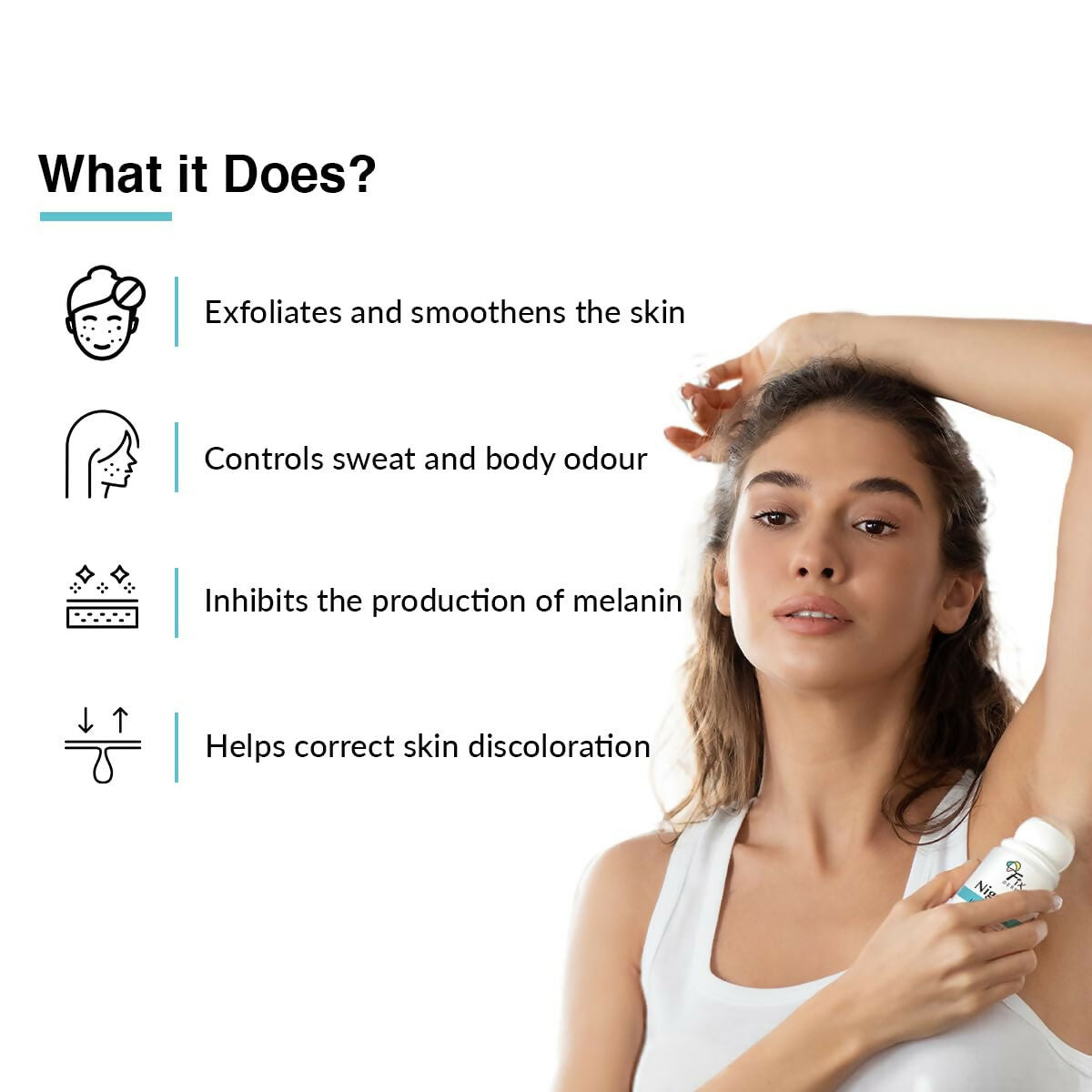 Fixderma Nigrifix underarm lightening roll-on cream with 6% AHA, lactic acid, and mandelic acid for brightening and exfoliating skin.