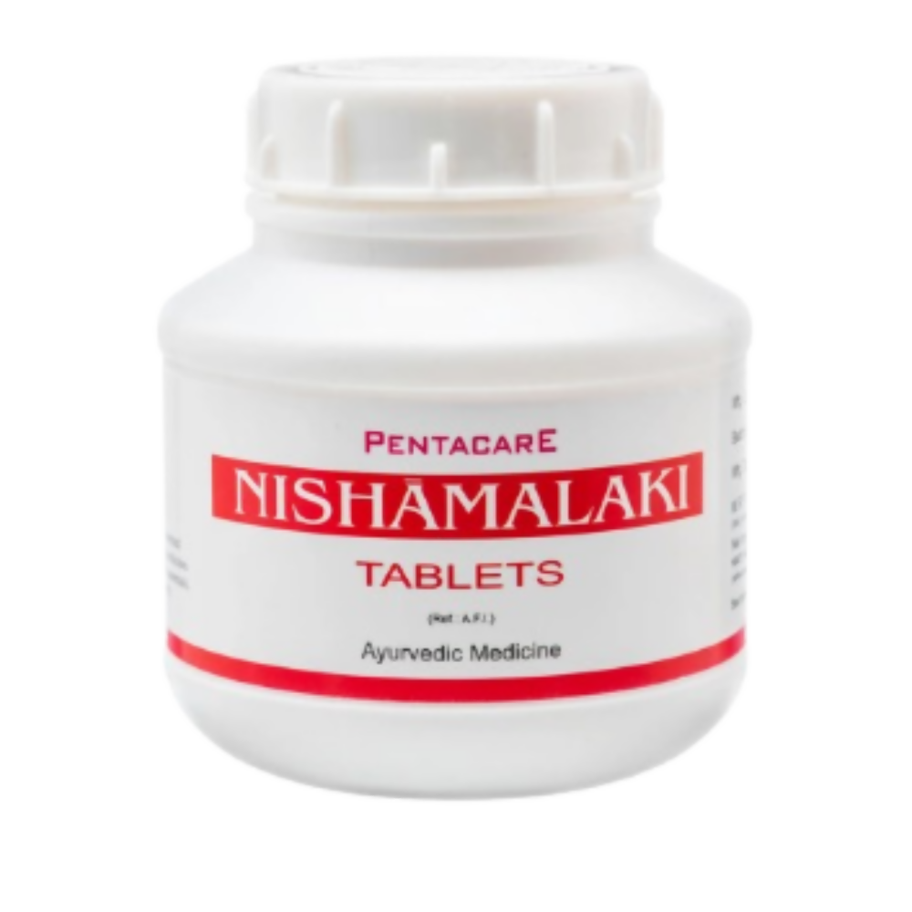 Pentacare Ayurveda Nishamalaki Ayurvedic tablets in a glass bottle, showcasing the herbal supplement packaging.