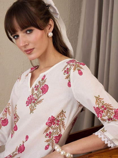 Dhiyona IE Floral Printed Pure Cotton Notch Neck Straight Tunic And Trousers