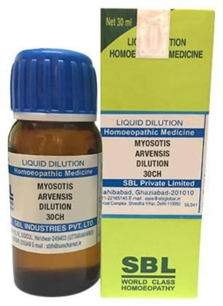 SBL Homeopathy Myosotis Arvensis dilution bottle for wellness, with label and dropper, on a white background.