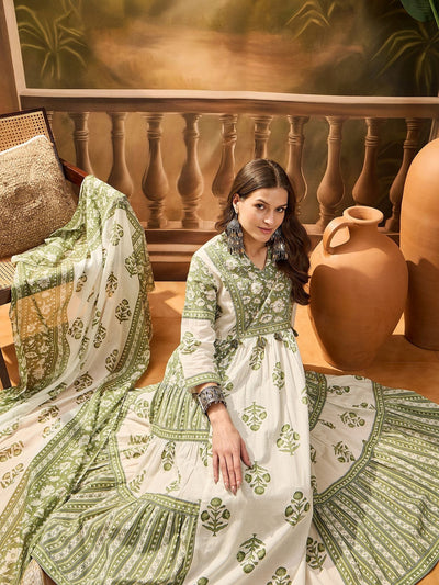 Indyancart SN Women's Women's Pista Green Block Printed Cotton Anarkali Kurta Pant Dupatta Set