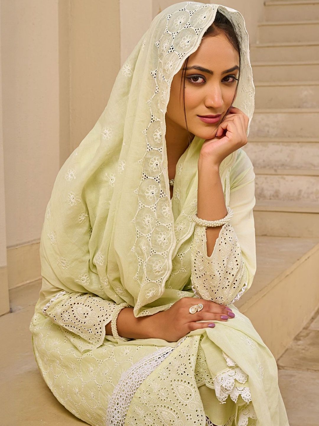 Women Ethnic Motifs Embroidered Regular Pure Cotton Kurta with Trousers & Dupatta