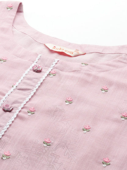 Indyancart Women's Pink Embroidered Straight Kurta With Trousers & Dupatta