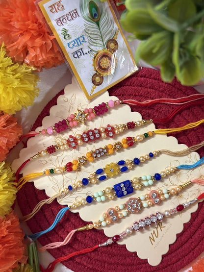 Anouk Set Of 7 Multicolor Designer Thread Rakhi With Roli Chawal Chandan Mishri