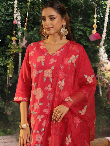 Women Floral Embroidered Regular Sequinned Kurta with Trousers & With Dupatta