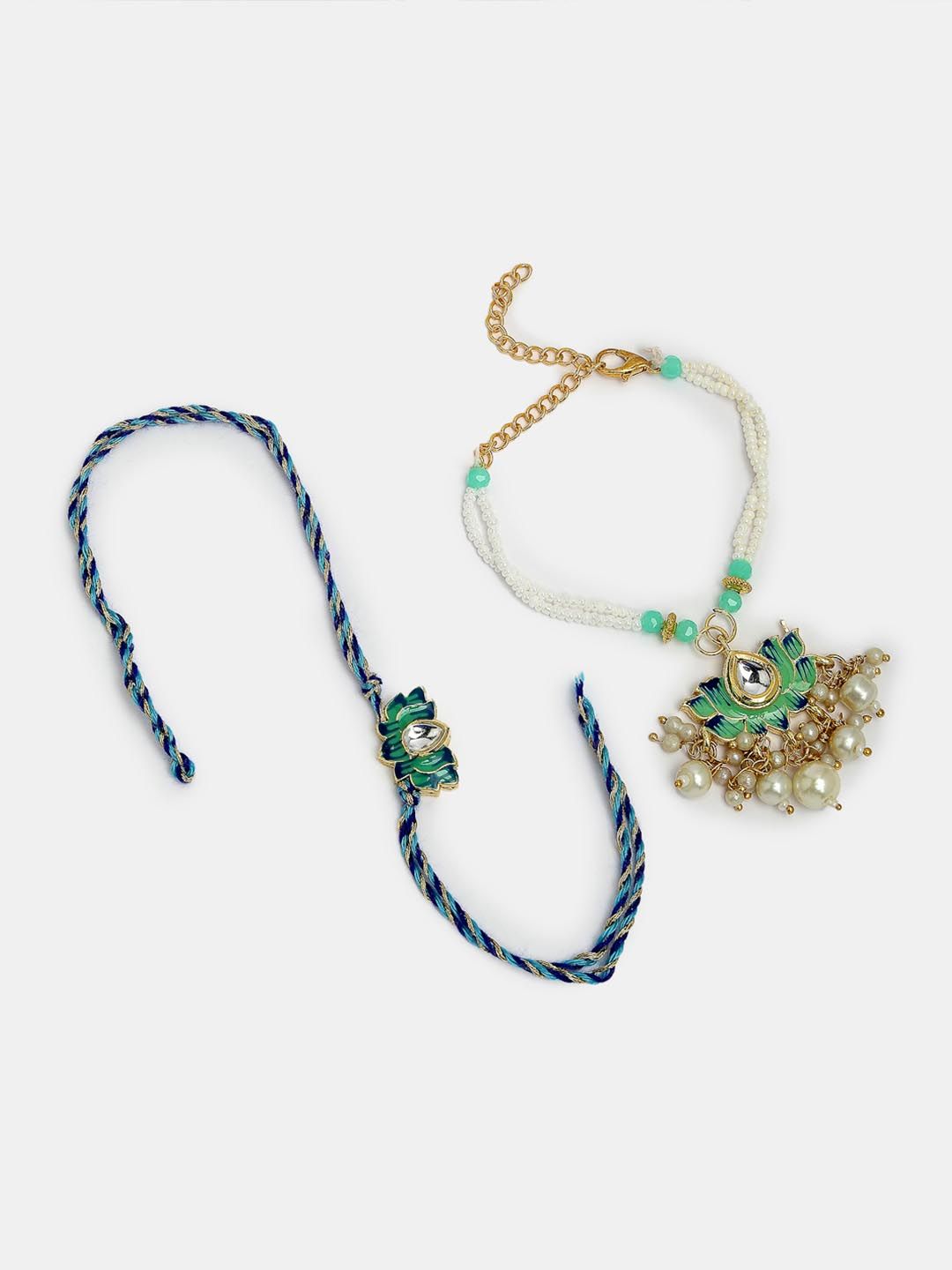 Anouk Unisex Set Of 2 Turquoise Blue Lotus Shape Kundan-Studded Handcrafted Rakhi Set