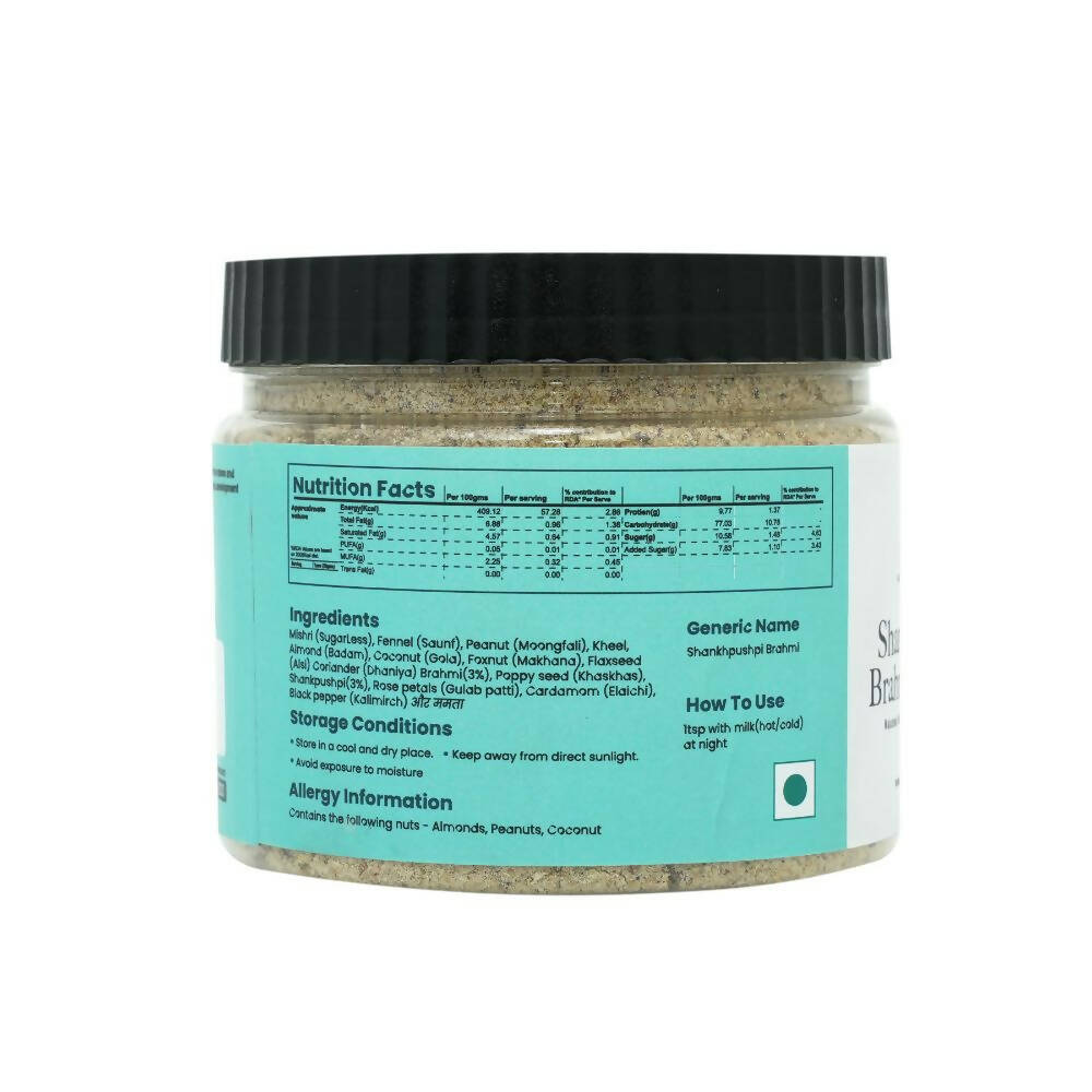 Nuskha ShankhPushpi Brahmi HerbMix health drink in a glass, featuring herbs and natural ingredients for wellness.