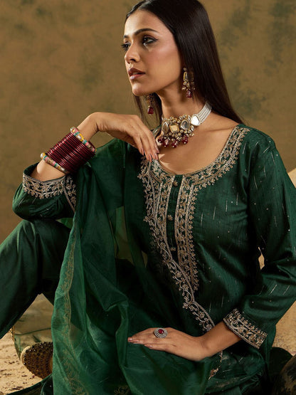 Dhiyona IE Ethnic Embroidered Zari Work Regular Sleeves Round Neck Liva Kurta Set