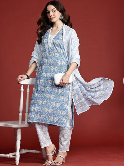 Women Ethnic Motifs Printed Regular Pure Cotton Kurta with Trousers & With Dupatta