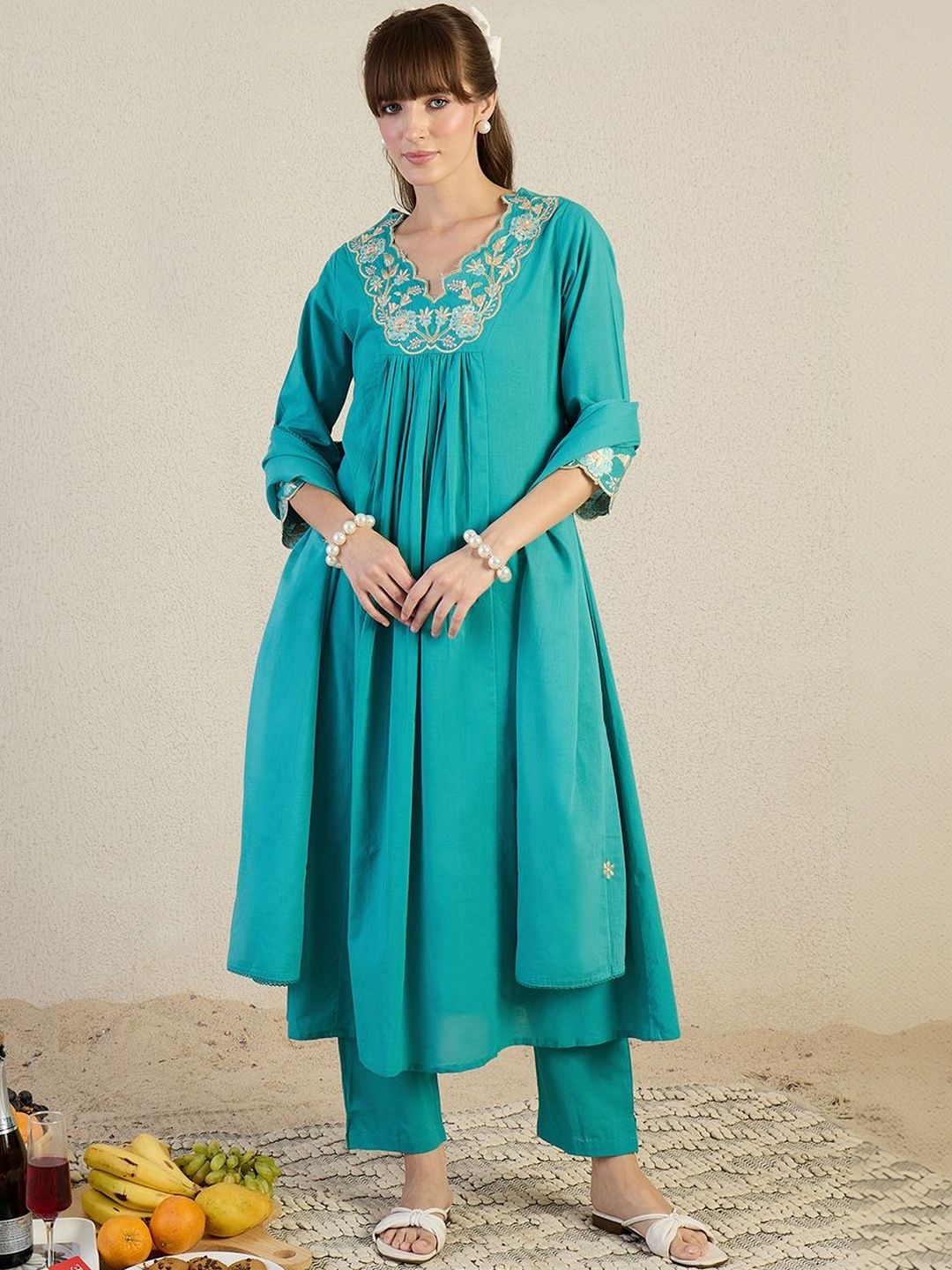 Women Ethnic Motifs Embroidered Panelled Thread Work Pure Cotton Kurta with Trousers & With Dupatta