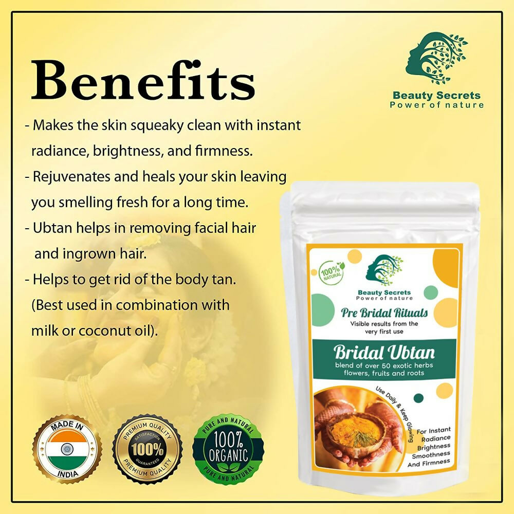 Beauty Secrets Ayurvedic bridal ubtan powder in a jar, natural face mask for glowing skin and traditional skincare.