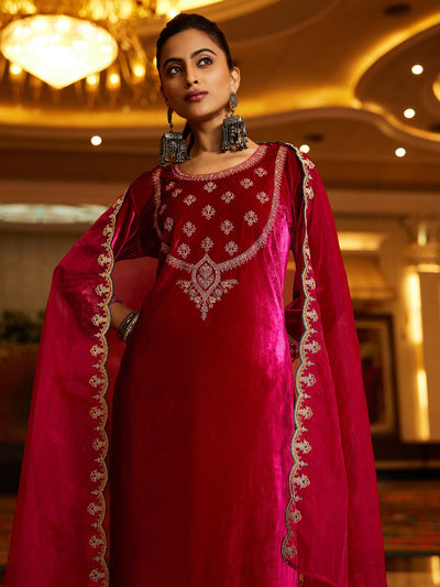 Dhiyona IE Floral Yoke Design Sequinned Velvet Straight Kurta With Trousers & Dupatta