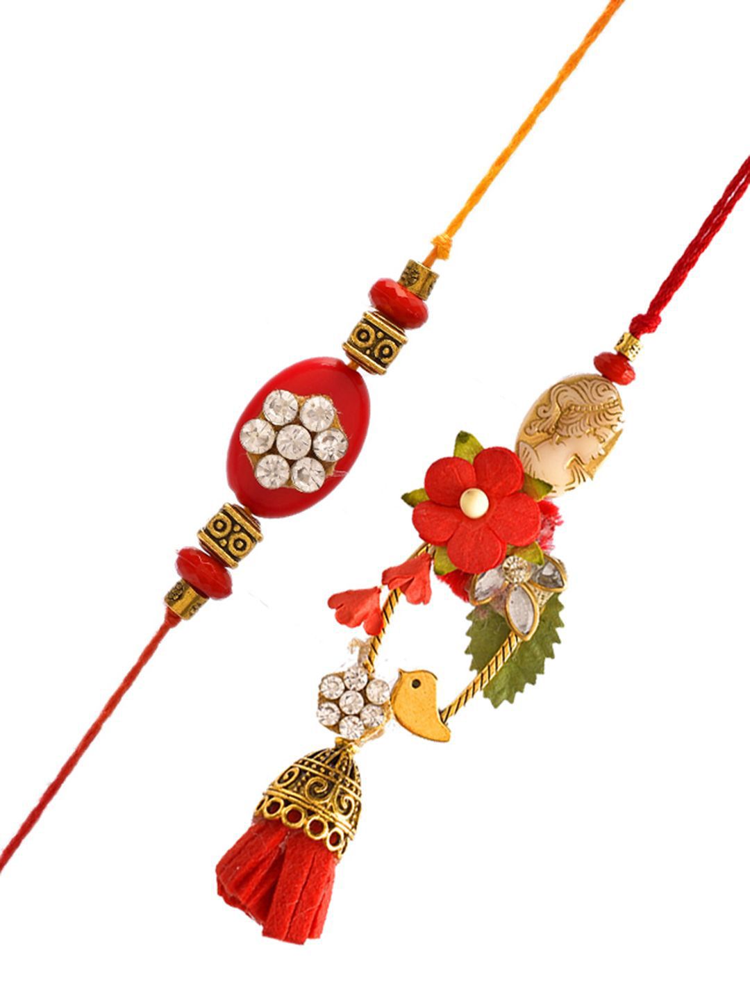 Anouk Red Beaded Bhaiya Bhabhi Rakhi With Roli Chawal & Greeting Card