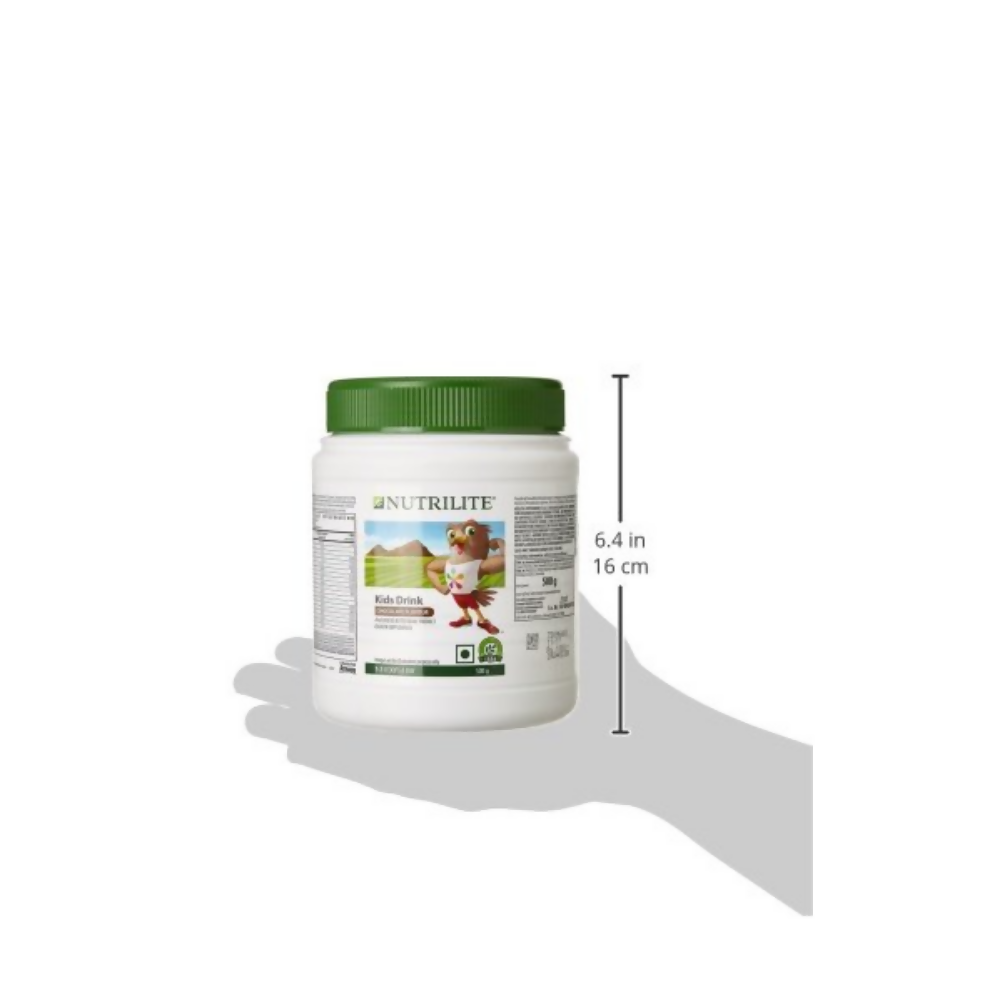 Kids NutriDrink Plus chocolate flavored baby nutritional powder by Nutrlite, showing a can of the nutritional supplement.