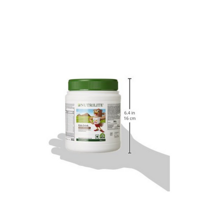 Kids NutriDrink Plus chocolate flavored baby nutritional powder by Nutrlite, showing a can of the nutritional supplement.
