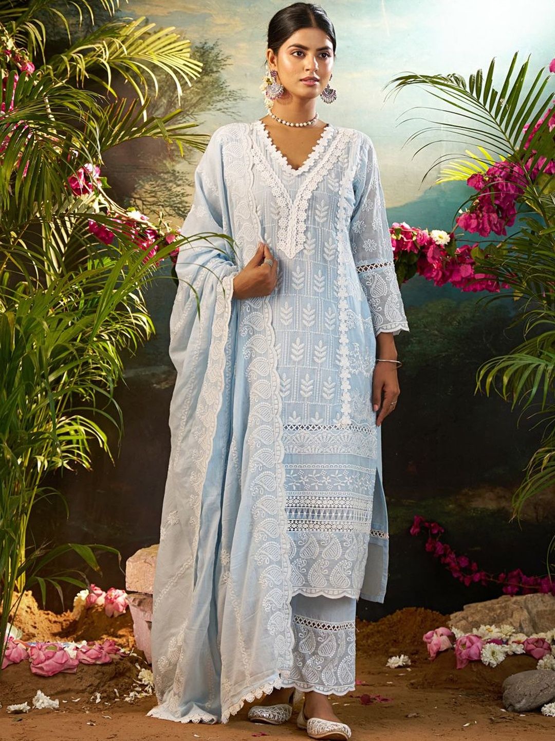 Women Ethnic Motifs Embroidered Regular Chikankari Pure Cotton Kurta with Trousers & With Dupatta