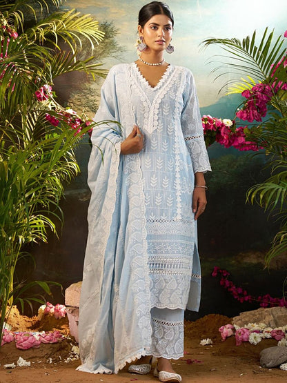 Women Ethnic Motifs Embroidered Regular Chikankari Pure Cotton Kurta with Trousers & With Dupatta
